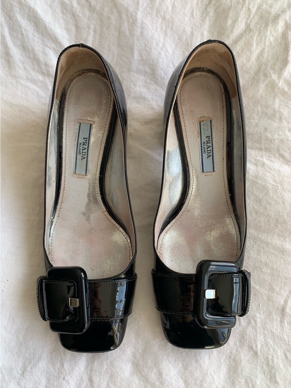 Vintage Prada Buckle Patent Leather Glossy Square Toe Block Heels Black Silver